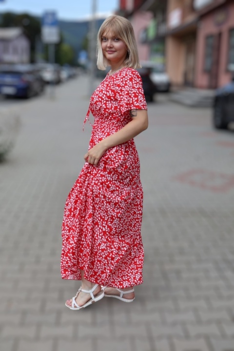 Sukienka maxi hiszpanka w drobne listki, krótki rękaw czerwona