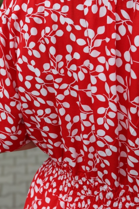 Sukienka maxi hiszpanka w drobne listki, krótki rękaw czerwona