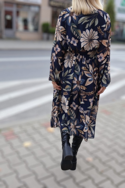 Szyfonowa rozkloszowana sukienka midi w kwiaty granat