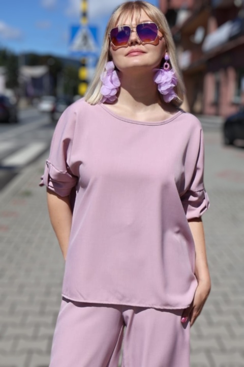 Wiskozowy komplet bluzka i spodnie z szerokimi nogawkami pudrowy róż